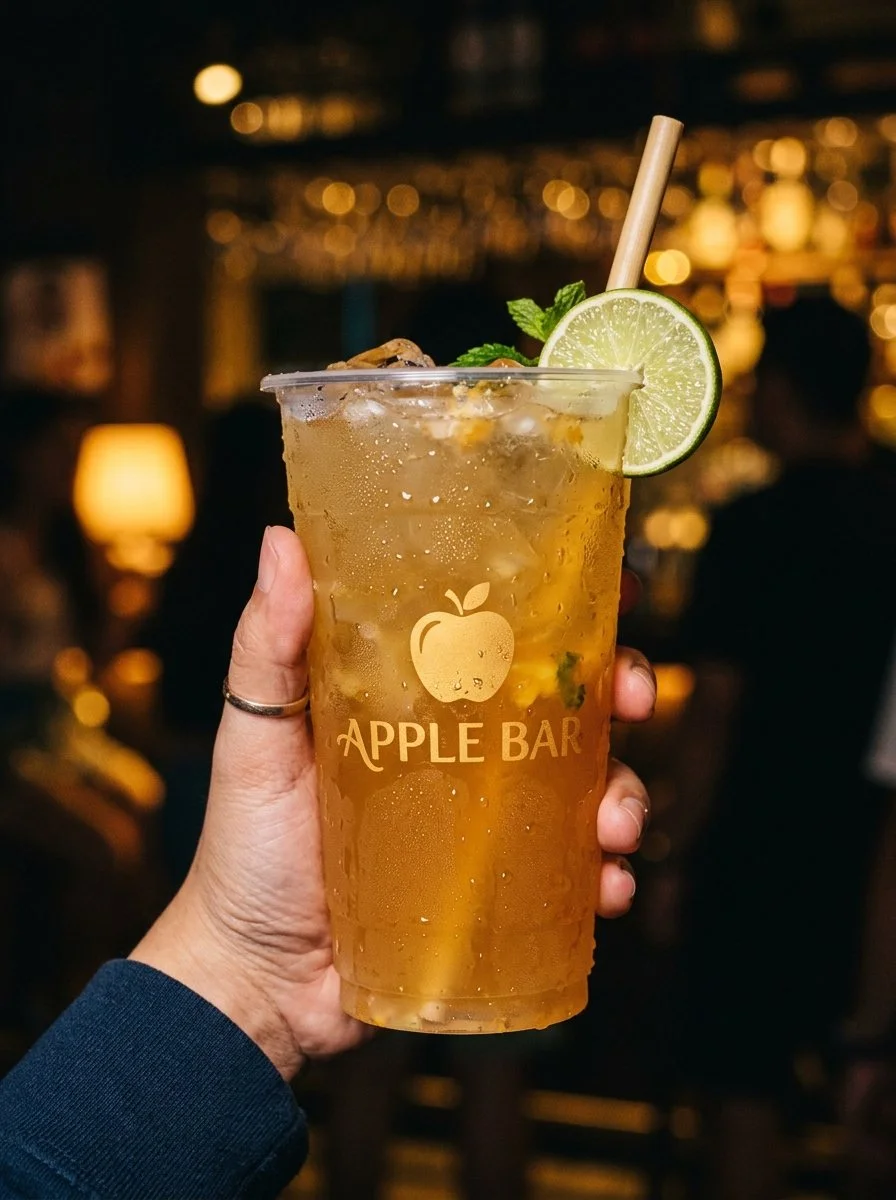 Copão do Apple Bar com gelo, condensação e limão