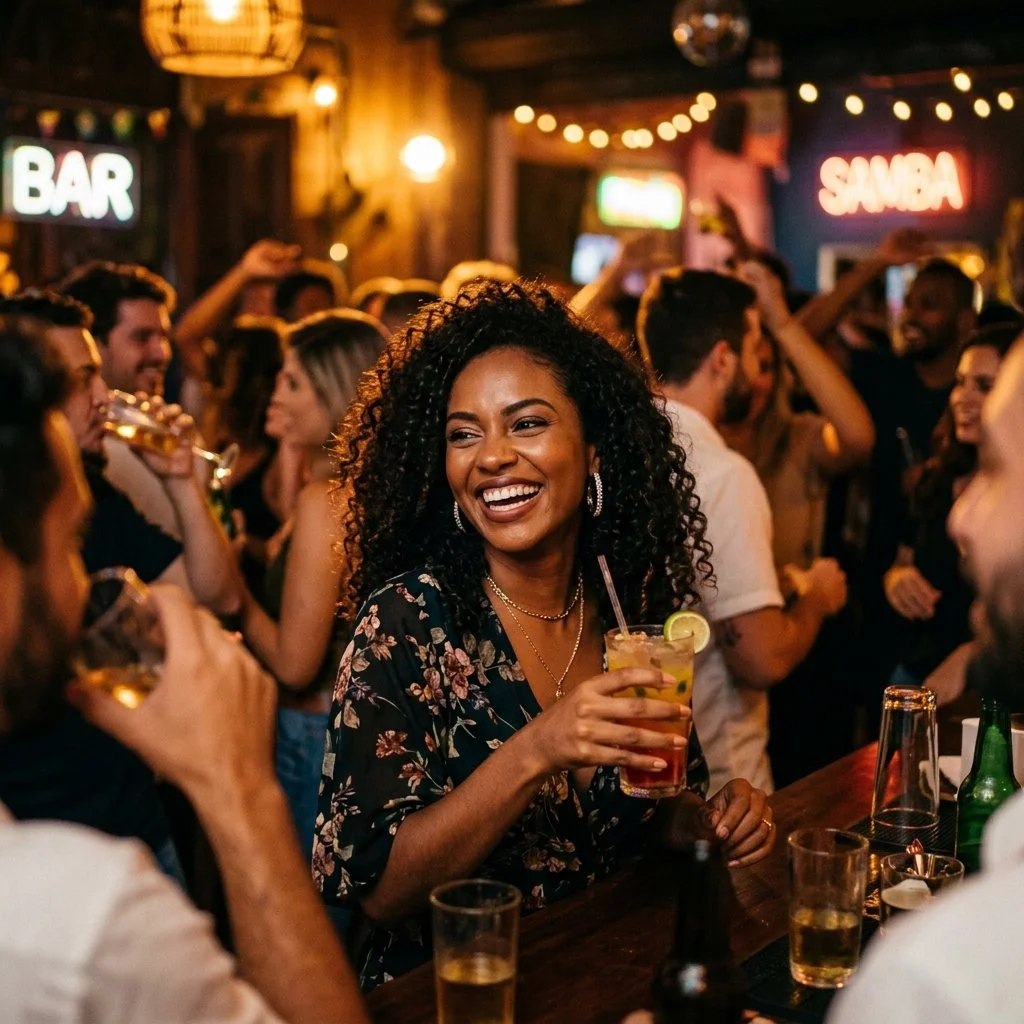 Mulher sorrindo e curtindo a noite no Apple Bar
