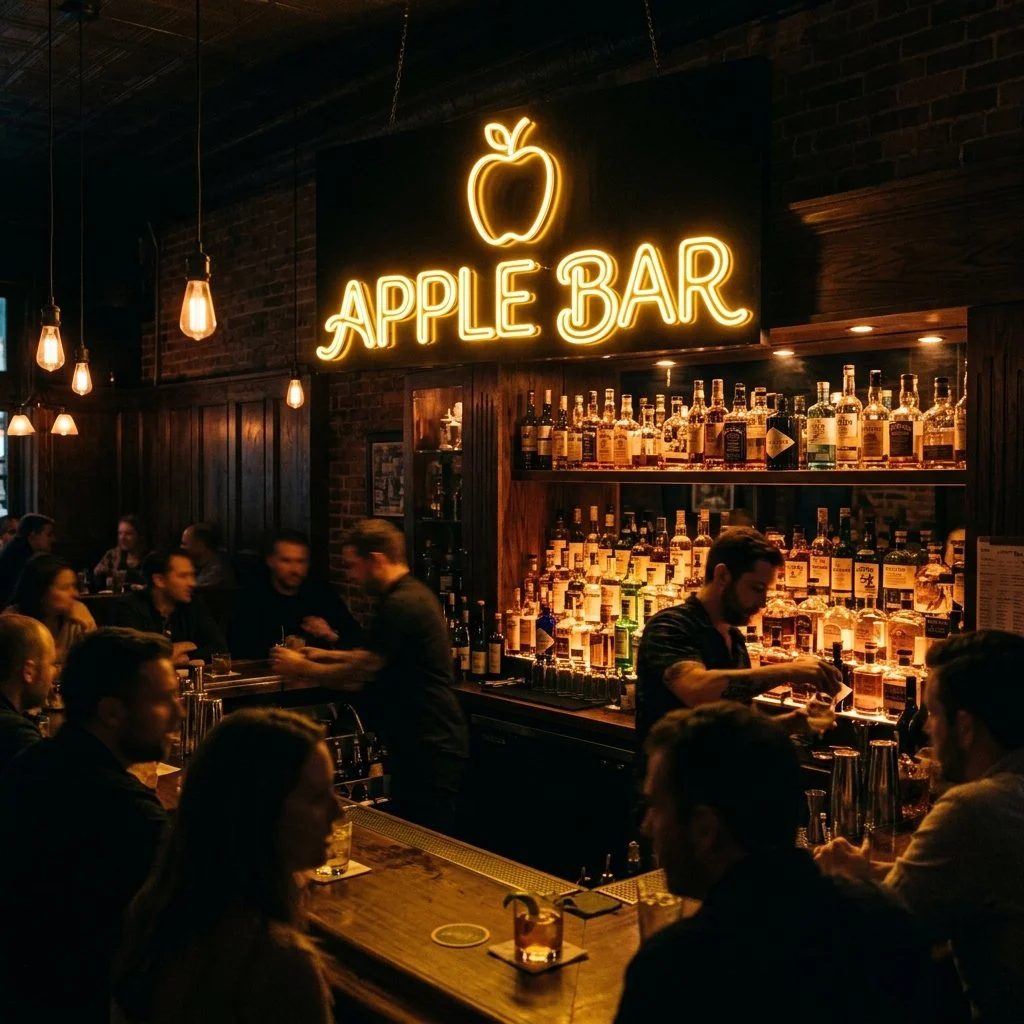 Fachada iluminada do Apple Bar à noite